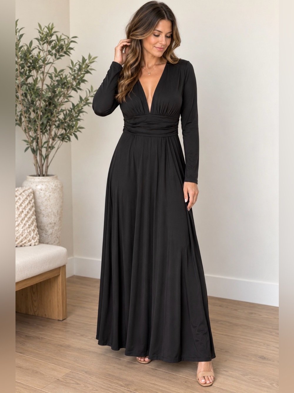 Baltic Born Black Deep V Long Sleeve Ruched Maxi Dress L